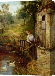 Pond Canvas Paintings - Young Lady at the Mill Pond by Ernst Walbourn