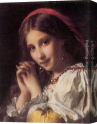 Portrait of a Girl Wearing a Pearl Necklace Canvas Paintings - Portrait of a Girl with Red Shawl by Etienne Adolphe Piot