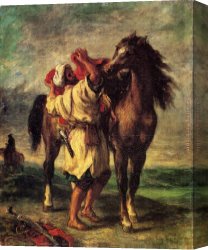 Eugene Delacroix Canvas Paintings - A Moroccan Saddling A Horse by Eugene Delacroix