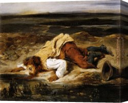 Eugene Delacroix Canvas Paintings - A Mortally Wounded Brigand Quenches his Thirst by Eugene Delacroix