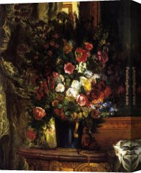 Eugene Delacroix Canvas Paintings - A Vase of Flowers on a Console by Eugene Delacroix