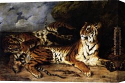 Eugene Delacroix Canvas Paintings - A Young Tiger Playing with its Mother by Eugene Delacroix