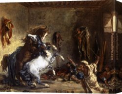Eugene Delacroix Canvas Paintings - Arab Horses Fighting in a Stable by Eugene Delacroix