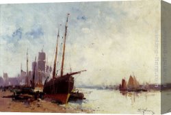 Mediterranean Shipping Canvas Paintings - Shipping In The Docks by Eugene Galien-Laloue