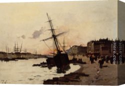 Dordrecht Harbour by Moonlight Canvas Paintings - Ships in a Harbour by Eugene Galien-Laloue