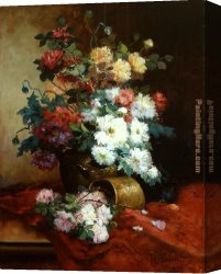 Eugene Delacroix Canvas Paintings - Roses and Dahlias by Eugene Henri Cauchois