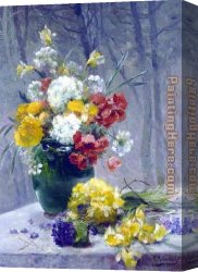 A Still Life with Flowers Grapes And a Melon Canvas Paintings - Still Life of Flowers by Eugene Henri Cauchois