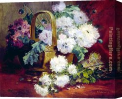 A Still Life with Flowers Grapes And a Melon Canvas Paintings - Still Life of Flowers in a Basket by Eugene Henri Cauchois