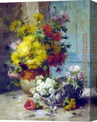 A Still Life with Flowers Grapes And a Melon Canvas Paintings - Still Life of Summer Flowers by Eugene Henri Cauchois