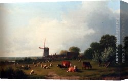 Windmill at Zaandam 2 Canvas Paintings - A Panoramic Summer Landscape With Cattle Grazing In A Meadow By A Windmill by Eugene Verboeckhoven