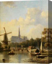 Cathedral Canvas Paintings - A View of Haarlem with St Bavo Cathedral from the River by Everhardus Koster
