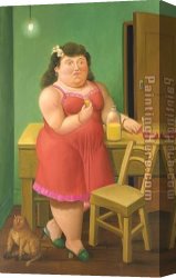 Woman Canvas Paintings - Woman Drinking With Cat by Fernando Botero