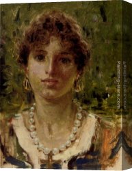 Portrait of a Girl Wearing a Pearl Necklace Canvas Paintings - Portrait Of A Girl Wearing A Pearl Necklace by Francesco Paolo Michetti