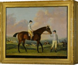 Horse's Canvas Paintings - Portrait of Henry Comptons Race Horse Cottager Held by a Groom with Jockey and a Race Beyond by Francis Sartorius