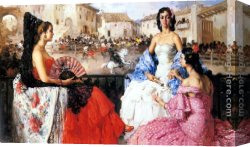 Francisco Miralles Canvas Paintings - Elegant Women Watching a Bull Fight by Francisco Rodriguez San Clement