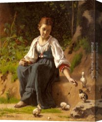 Feeding The Goldfish Canvas Paintings - A Young Girl feeding Baby Chicks by Francois Alfred Delobbe