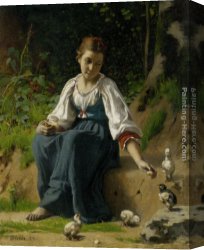 Feeding The Goldfish Canvas Paintings - Young Girl Feeding the Baby Chicks by Francois Alfred Delobbe