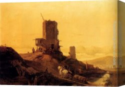 Windmill at Zaandam 2 Canvas Paintings - A Hill With An Arab Windmill Under Construction, A Town In The Distance by Francois Antoine Bossuet