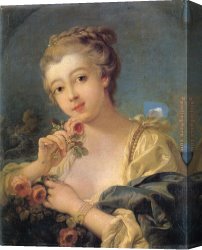 Woman Canvas Paintings - Young Woman with a Bouquet of Roses by Francois Boucher