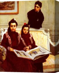 Sketch Canvas Paintings - Family Portrait of a Boy and his two Sisters admiring a Sketch Book by Francois Flameng