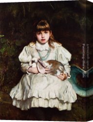 Portrait of a Girl Wearing a Pearl Necklace Canvas Paintings - Portrait of a Young Girl Holding a Pet Rabbit by Frank Holl