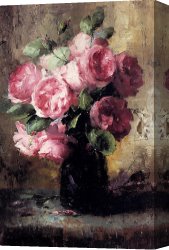 Pink Canvas Paintings - Pink Roses In A Vase by Frans Mortelmans