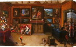Picture Canvas Paintings - A Picture Gallery With A Man Of Science Making Measurements On A Globe by Frans the younger Francken