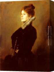 Portrait of a Girl Wearing a Pearl Necklace Canvas Paintings - Portrait Of A Lady Wearing A Black Coat With Fur Collar by Franz von Lenbach