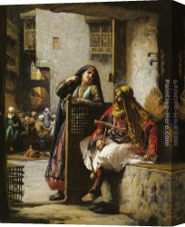 Frederick Arthur Bridgman Canvas Paintings - Almeh Flirting with an Armenian Policeman, Cairo by Frederick Arthur Bridgman
