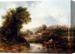 Watts Canvas Paintings - An Extensive River Landscape With A Drover In A Cart With His Cattle by Frederick Waters Watts
