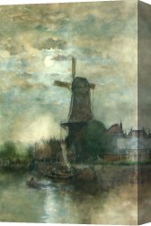 Windmill at Zaandam 2 Canvas Paintings - A Moonlit Windmill by Fredericus Jacobus Van Rossum Chattel