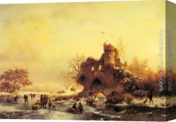 Ruins in a Landscape Canvas Paintings - Winter Landscape with Skaters on a Frozen River beside Castle Ruins by Frederik Marianus Kruseman