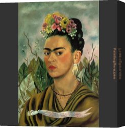 Portrait of a Girl Wearing a Pearl Necklace Canvas Paintings - Self Portrait with Thorn Necklace by Frida Kahlo