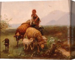 A Shepherdess with Her Flock Canvas Paintings - Shepherdess by Friedrich Otto Gebler