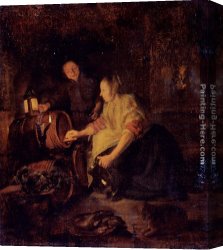 Wine Canvas Paintings - A Woman Drawing Wine From A Barrel by Gabriel Metsu