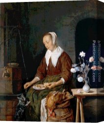 Feeding The Goldfish Canvas Paintings - Woman Eating and Feeding her Cat by Gabriel Metsu