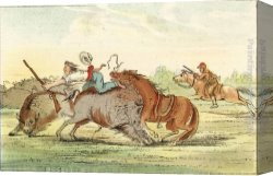 Marshal Ney on Horseback Fighting The Wind Canvas Paintings - Native American Hunting Buffalo on Horseback by George Catlin