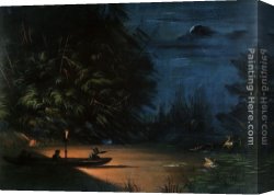 Deer Canvas Paintings - Night Scene of Deer Shooting by George Catlin