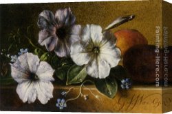 A Still Life with Flowers Grapes And a Melon Canvas Paintings - A Still Life with Flowers and Fruit by George Jacobus Johannes Van