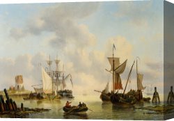 Sailing Canvas Paintings - Sailing Vessels in a Calm by George Willem Opdenhoff