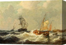 Sailing Canvas Paintings - Sailing Vessels In Choppy Waters by George Willem Opdenhoff