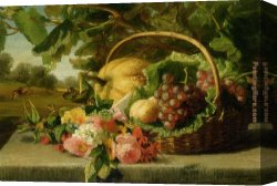 A Still Life with Flowers Grapes And a Melon Canvas Paintings - A still life with flowers grapes and a melon by Geraldine Jacoba Van De Sande Bakhuyzen