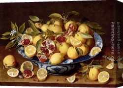 Chinese Porcelain Canvas Paintings - A Still Life Of A Wanli Kraak Porcelain Bowl Of Citrus Fruit And Pomegranates On A Wooden Table by Gerrit van Honthorst