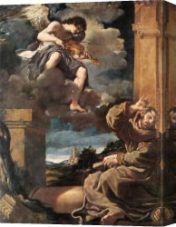Girls Playing in Surf Canvas Paintings - St Francis with an Angel Playing Violin by Guercino