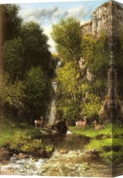 Deer Canvas Paintings - A Family of Deer in a Landscape with a Waterfall by Gustave Courbet