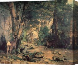 Deer Canvas Paintings - A Thicket of Deer at the Stream of Plaisir Fountaine by Gustave Courbet