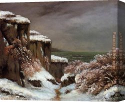 Cliff Canvas Paintings - Cliffs by the Sea in the Snow by Gustave Courbet