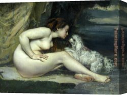 Gustave Courbet Canvas Paintings - Nude woman with a dog by Gustave Courbet