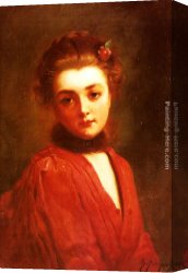 Portrait of a Girl Wearing a Pearl Necklace Canvas Paintings - Portrait of a Girl in a Red Dress by Gustave Jean Jacquet