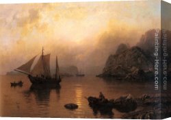 The Boating Party Canvas Paintings - Fishing Party At Sunrise by Hans Fredrik Gude
